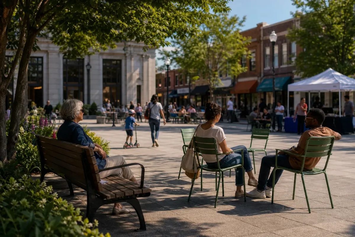 People sitting on a wooden bench and green metal chairs in a sunny urban square with trees and buildings