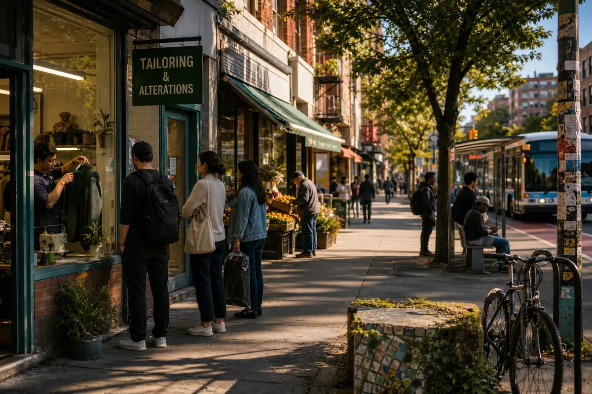 People waiting outside a tailoring shop on a tree-lined urban street with sunlight and a bus in the background