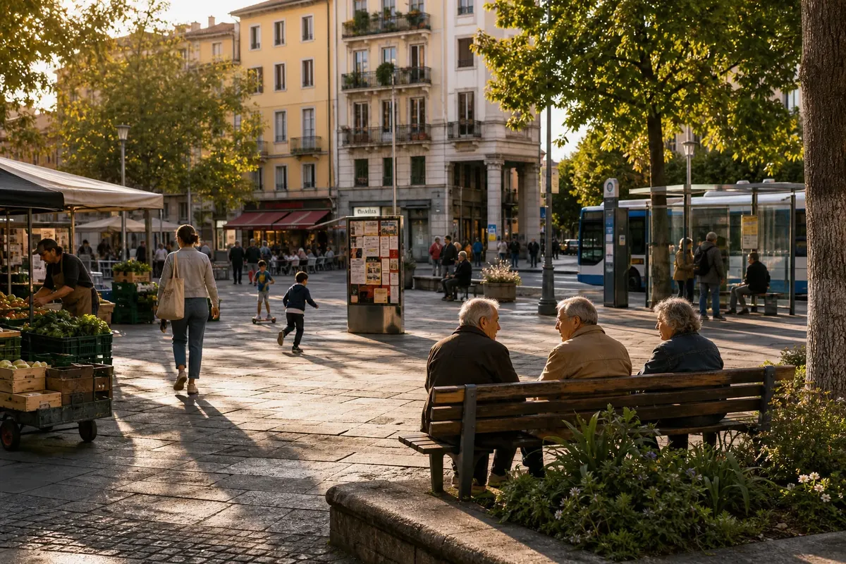 Three elderly people sitting on a bench in a sunlit city square with trees and market stalls