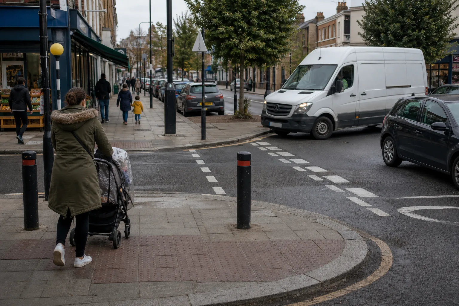 Woman pushing stroller on sidewalk near corner crossing with parked cars and white van turning