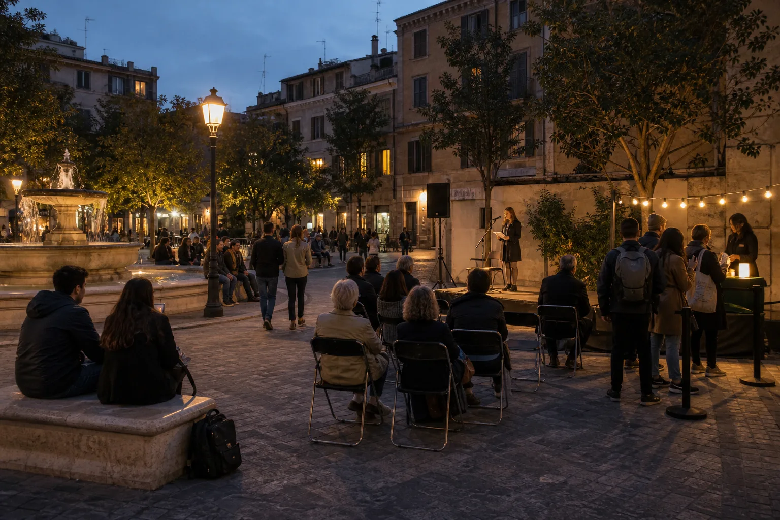 People seated and standing in an outdoor square at dusk listening to a woman speaking on a small stage with warm streetlights