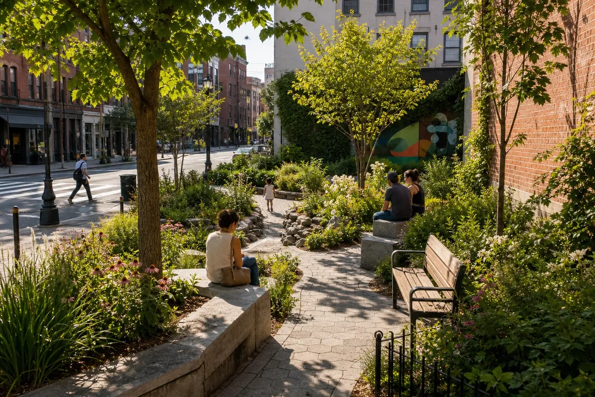Small urban park with trees, flowering plants, stone benches, and people sitting and walking in sunlight