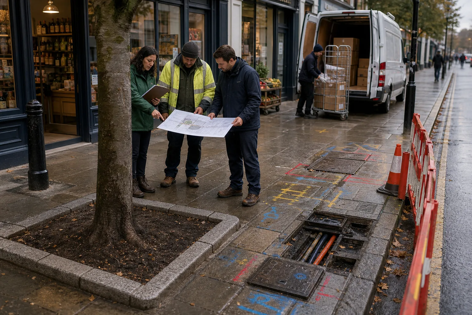 Three people in jackets examining building plans on a rainy city sidewalk near a tree pit and open utility covers