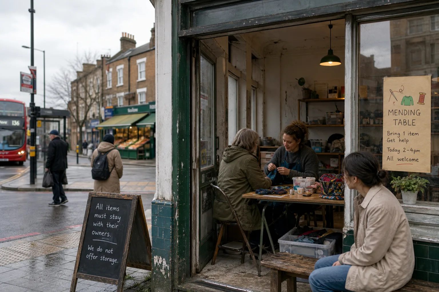 People sitting at a wooden table inside a small shop with a sign about a mending table on the window