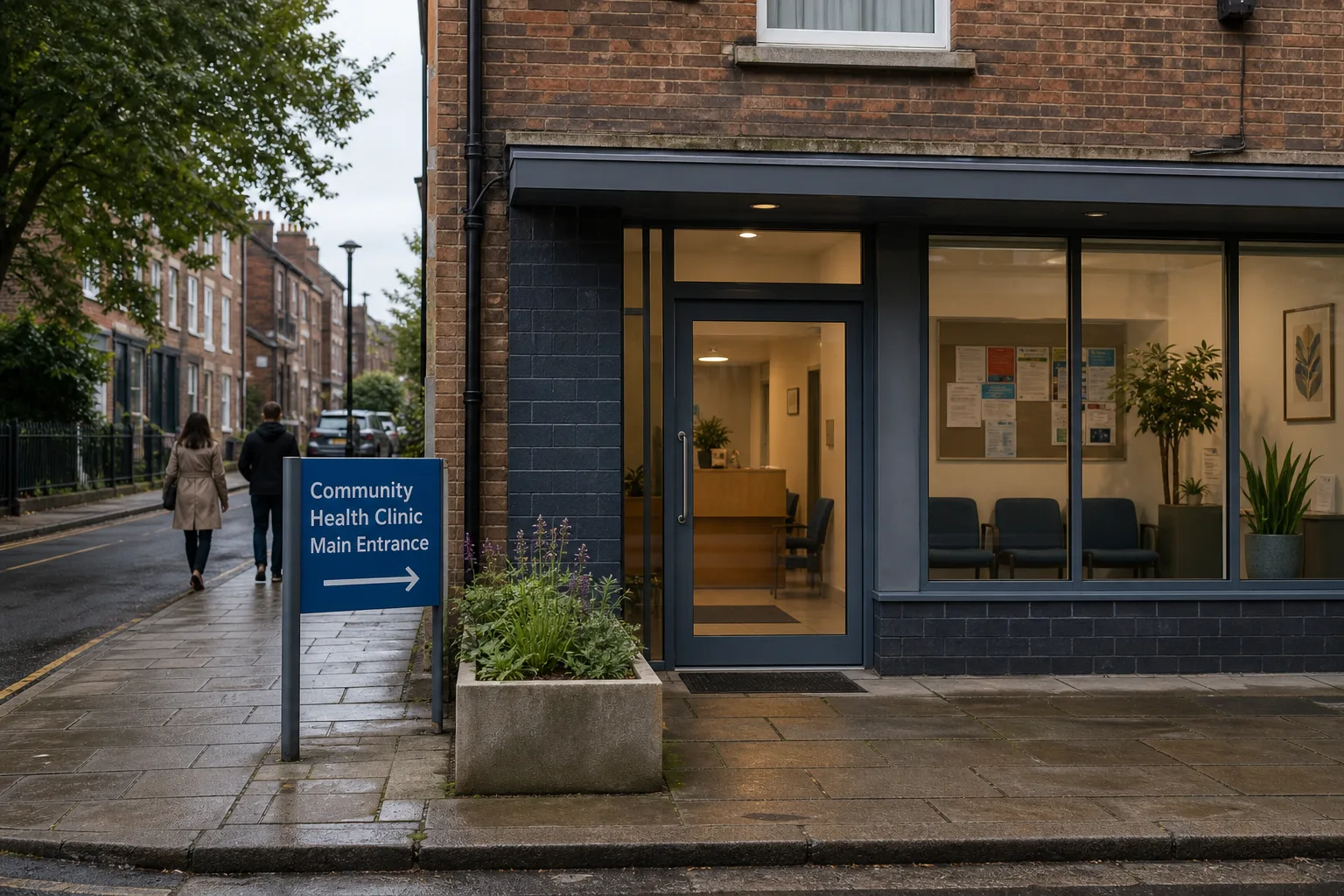 Evening street scene showing a modern clinic entrance with glass door and windows, sidewalk with plants, and two pedestrians walking