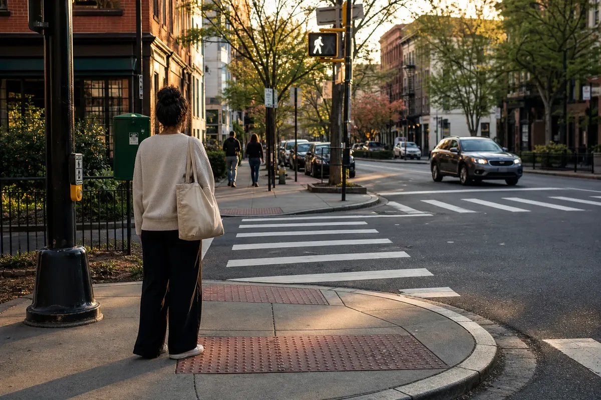 Person standing at a street corner under warm evening light near a pedestrian crossing with cars and trees in the background